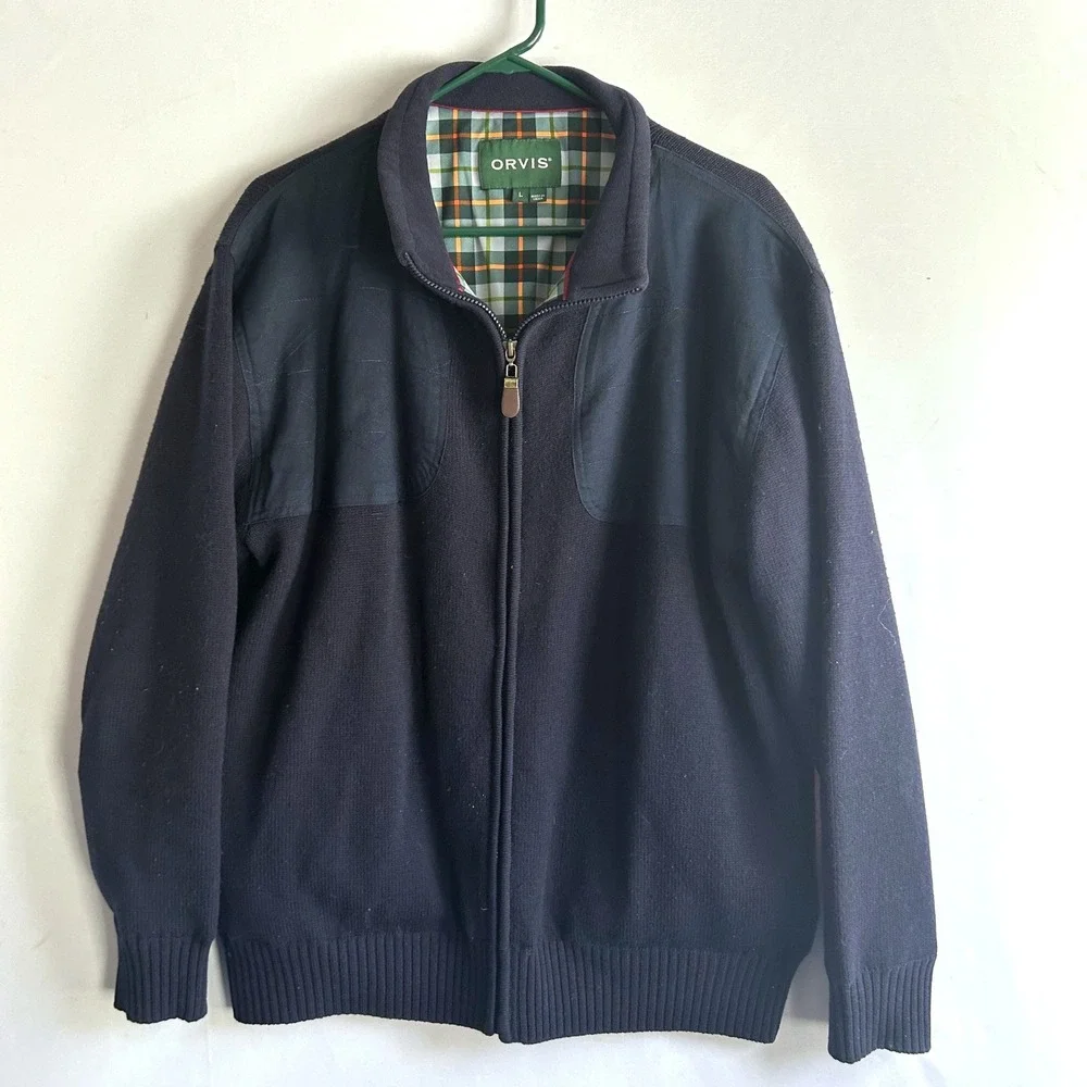 Orvis‎ Foul Weather Large Navy Blue Full Zip Shooting Sweater Plaid Lined Jacket